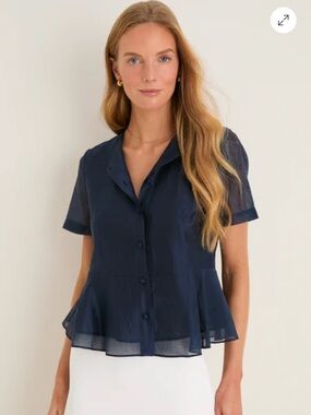 Tuckernuck Navy Button-Front Peplum Short Sleeve Blouse